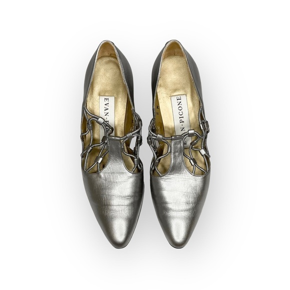 Vintage: Evan Picone ♚ Lattice Mary Janes Heels Pumps ♚ Metallic Silver Leather - Picture 8 of 16